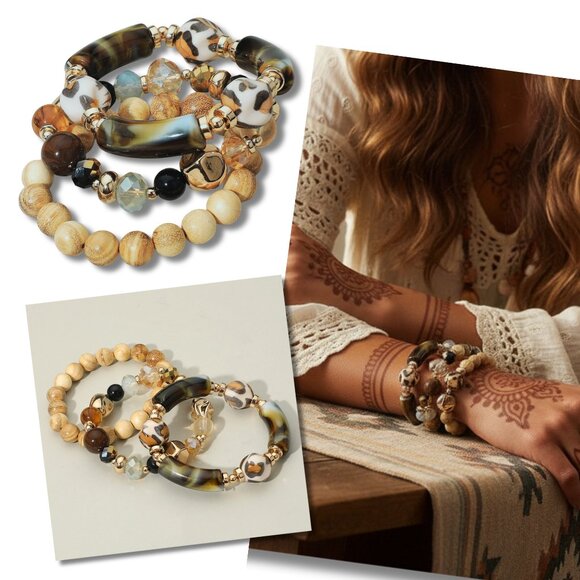 Fall Fashion Stackable Wood Glass Stone Beaded Bracelet Sets NEW Boho Western - Picture 1 of 8